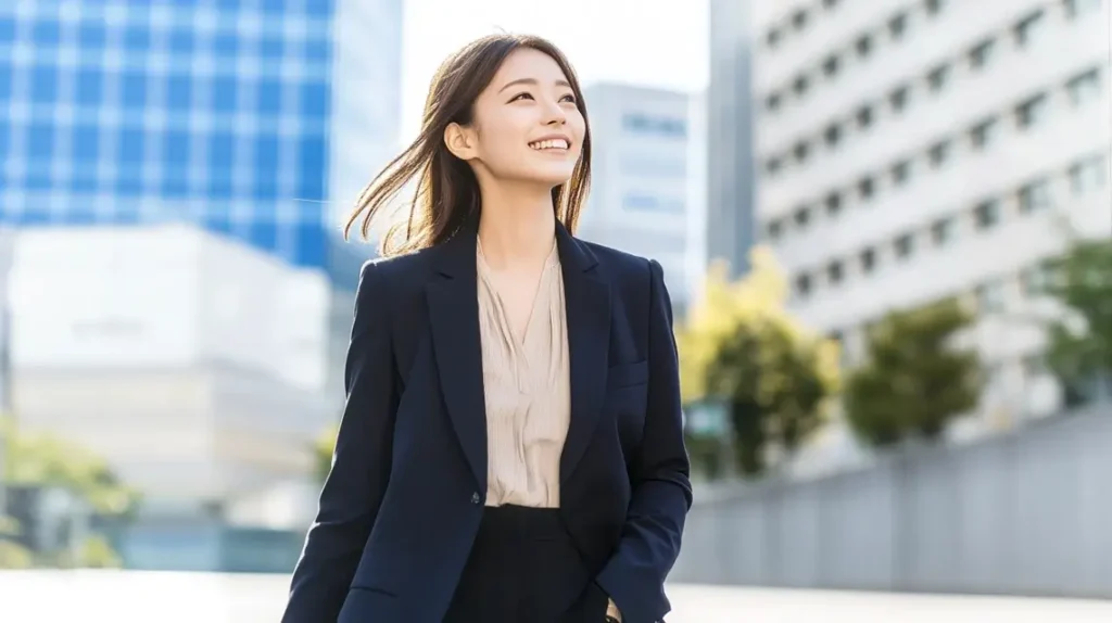 都会の中を歩くスーツ姿の女性