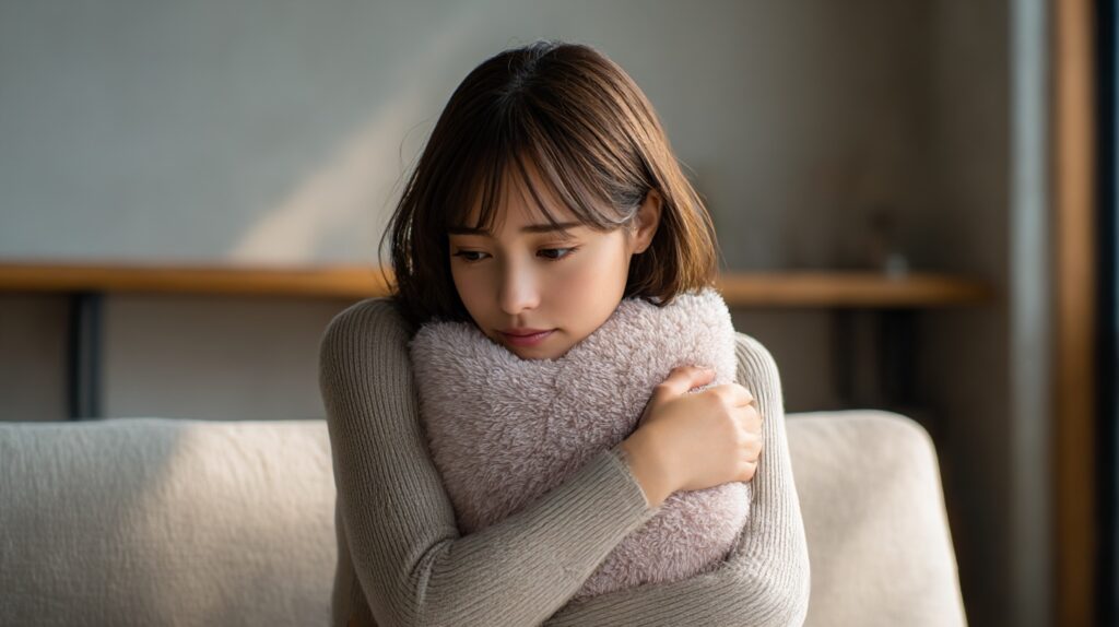クッションを抱えて悩んでいる20代の女性